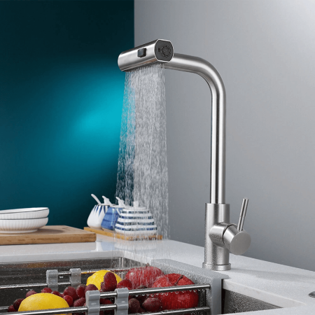 Baterie chiuveta pentru bucatarie, rotativa 360°, robinet de apa cu cap de dus extractabil, 3 functii cascada/jet/pulverizare, otel inoxidanil, monocomanda, argintiu mat [9]
