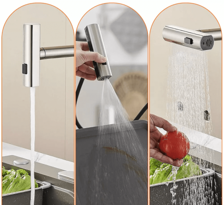 Baterie chiuveta pentru bucatarie, rotativa 360°, robinet de apa cu cap de dus extractabil, 3 functii cascada/jet/pulverizare, otel inoxidanil, monocomanda, argintiu mat [5]