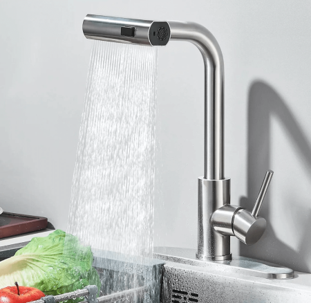 Baterie chiuveta pentru bucatarie, rotativa 360°, robinet de apa cu cap de dus extractabil, 3 functii cascada/jet/pulverizare, otel inoxidanil, monocomanda, argintiu mat [10]