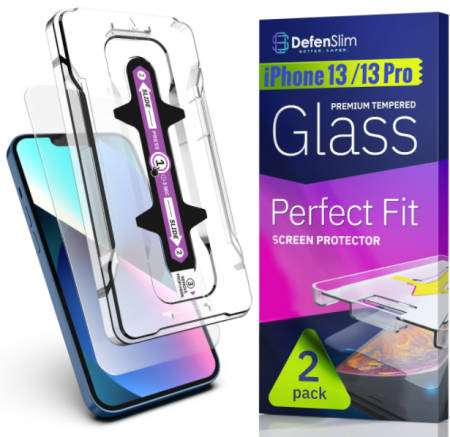 Folie sticla iPhone 13 Pro, set 2 buc, DefenSlim, instalare usoara cu dispozitiv de potrivire automata, Easy Install Kit patentat [8]