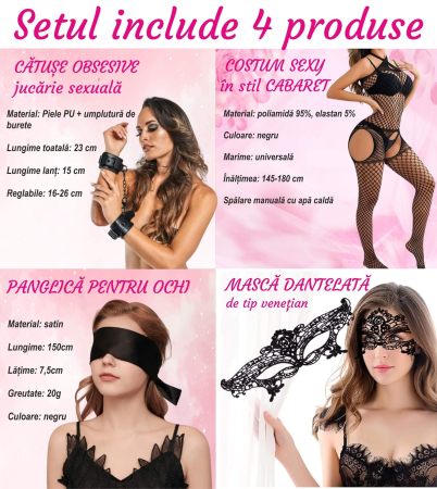 Catuse obsessive jucarii sexuale BDSM, piele ecologica, pentru cupluri, marime universala, catarame metalice, cu masca dantelata, panglica satinata de ochi, lenjerie din plasa elastica incluse [7]