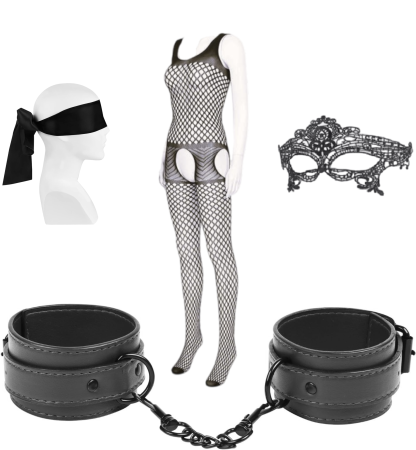 Erotica - Catuse obsessive jucarii sexuale BDSM, piele ecologica, pentru cupluri, marime universala, catarame metalice, cu masca dantelata, panglica satinata de ochi, lenjerie din plasa elastica incluse