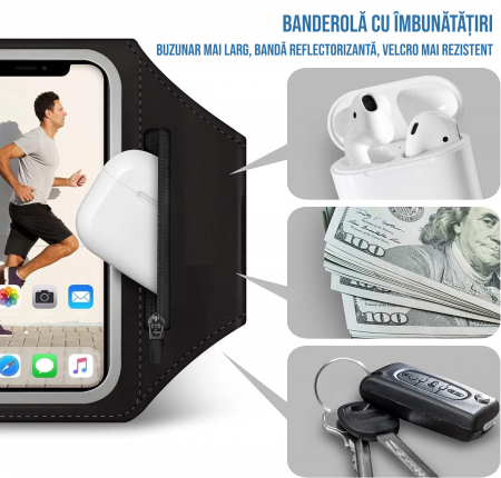 Husa banderola telefon de brat pentru alergat, sala, plimbari, yoga, cu buzunar carduri, chei, casti, negru [2]