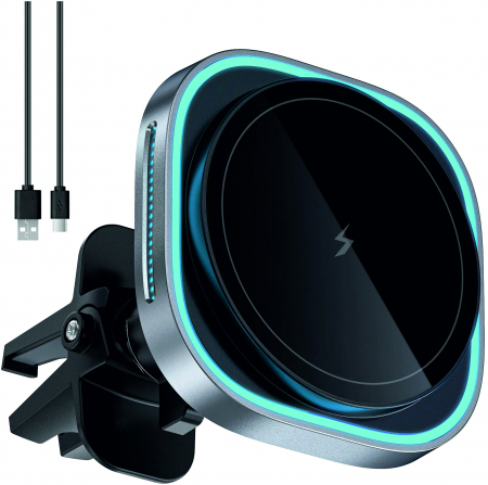 Accesorii auto - Incarcator MagSafe wireless pentru masina, Ideas4Comfort, fixare in grila de ventilatie, compatibil Android si iOS, incarcare maxim 15W, negru