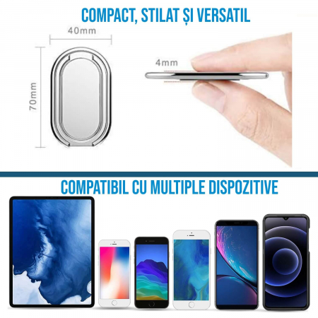 Inel pentru telefon cu suport magnetic, compact, cu functia stand de birou si agatatoare, adeziv 3M, rotativ 360⁰, universal, negru/argintiu/roz [11]