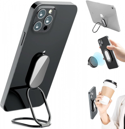 Accesorii telefon - Inel pentru telefon cu suport magnetic, compact, cu functia stand de birou si agatatoare, adeziv 3M, rotativ 360⁰, universal, negru/argintiu/roz
