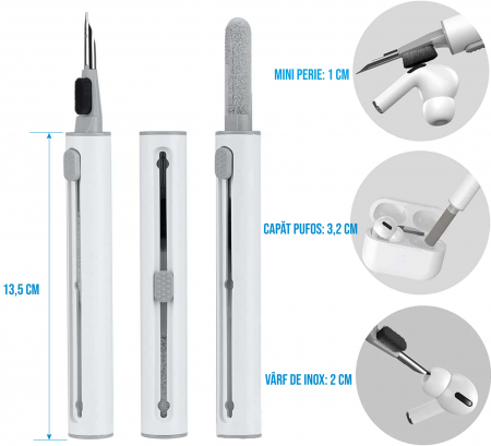 Kit de curatare casti 3 in 1 pentru AirPods, Earbuds, casti wireless, smartphone, Ideas4comfort, universal, alb [1]