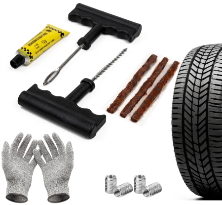 Accesorii auto - Kit reparatie pana roata tubeless, manere T ergonomice, snururi vulcanizante, set reparatie anvelope tubeless pentru auto, include manusi si capace valva
