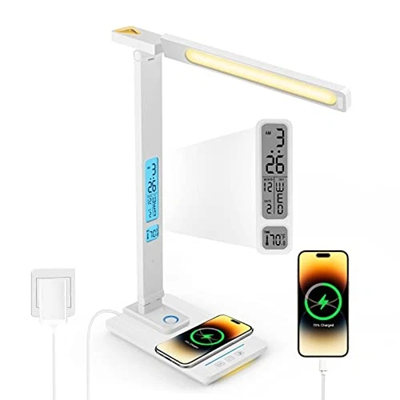 Lichidare de stoc - Lampa de birou cu incarcarcator wireless pentru telefon iOs si Android, afisaj ora, data, temperatura, 5 moduri de lumina, 5 intensitati, control tactil, 2 lumini de veghe, negru