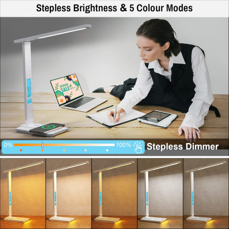 Lampa de birou cu incarcarcator wireless pentru telefon iOs si Android, afisaj ora, data, temperatura, 5 moduri de lumina, 5 intensitati, control tactil, 2 lumini de veghe, negru [14]