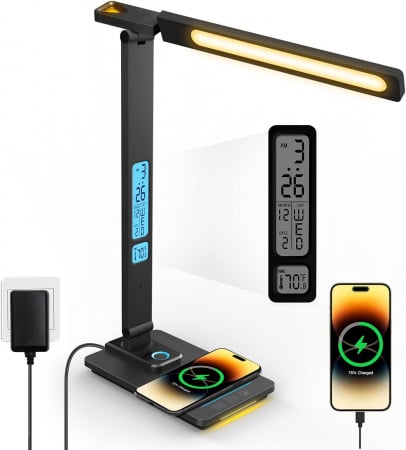 Lichidare de stoc - Lampa de birou cu incarcarcator wireless pentru telefon iOs si Android, afisaj ora, data, temperatura, 5 moduri de lumina, 5 intensitati, control tactil, 2 lumini de veghe, negru