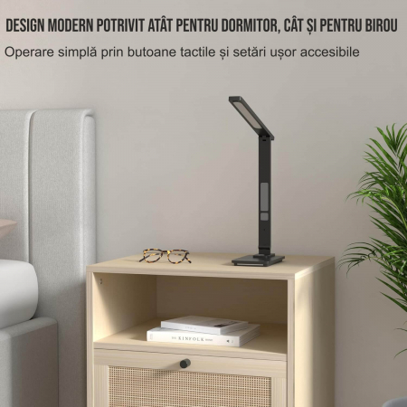 Lampa de birou cu incarcarcator wireless pentru telefon iOs si Android, afisaj ora, data, temperatura, 5 moduri de lumina, 5 intensitati, control tactil, 2 lumini de veghe, negru [6]