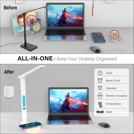 Lampa de birou cu incarcarcator wireless pentru telefon iOs si Android, afisaj ora, data, temperatura, 5 moduri de lumina, 5 intensitati, control tactil, 2 lumini de veghe, negru [16]