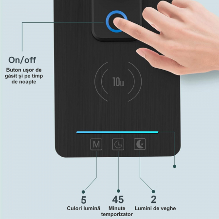 Lampa de birou cu incarcarcator wireless pentru telefon iOs si Android, afisaj ora, data, temperatura, 5 moduri de lumina, 5 intensitati, control tactil, 2 lumini de veghe, negru [3]