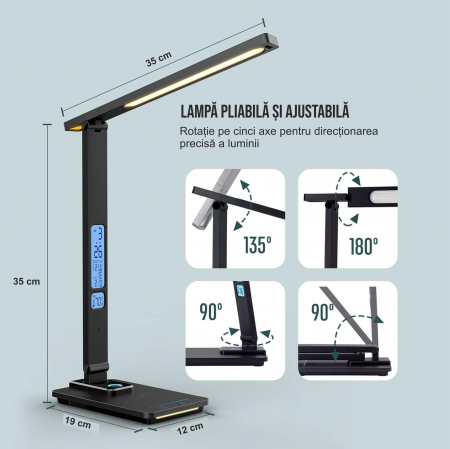 Lampa de birou cu incarcarcator wireless pentru telefon iOs si Android, afisaj ora, data, temperatura, 5 moduri de lumina, 5 intensitati, control tactil, 2 lumini de veghe, negru [1]