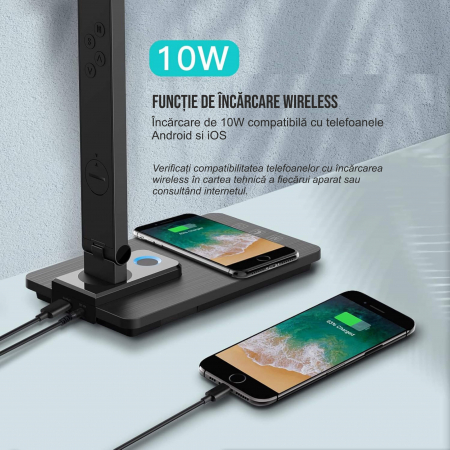 Lampa de birou cu incarcarcator wireless pentru telefon iOs si Android, afisaj ora, data, temperatura, 5 moduri de lumina, 5 intensitati, control tactil, 2 lumini de veghe, negru [7]