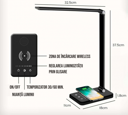 Lampa de birou LED cu incarcare wireless pentru iOs si Android, pliabila, touch control, 5 moduri lumina rece/calda cu 10 intensitati, mufa USB, temporizator 30/60 minute, negru [2]