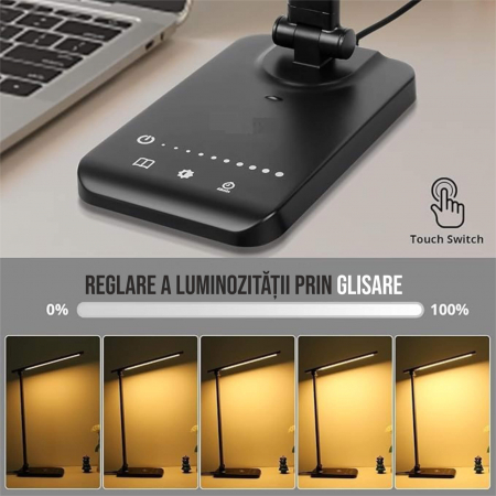 Lampa de birou LED cu incarcare wireless pentru iOs si Android, pliabila, touch control, 5 moduri lumina rece/calda cu 10 intensitati, mufa USB, temporizator 30/60 minute, negru [4]