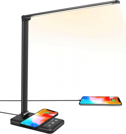 BACK TO SCHOOL - Lampa de birou LED cu incarcare wireless pentru iOs si Android, pliabila, touch control, 5 moduri lumina rece/calda cu 10 intensitati, mufa USB, temporizator 30/60 minute, negru