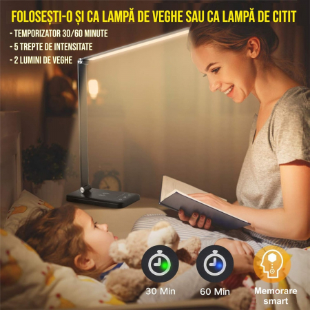 Lampa de birou LED cu incarcare wireless pentru iOs si Android, pliabila, touch control, 5 moduri lumina rece/calda cu 10 intensitati, mufa USB, temporizator 30/60 minute, negru [6]