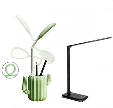 Lampa de birou pentru copii, cu suport de pixuri, LED, senzor tactil, 3 nivele de luminozitate, portabila, USB, Cactus, verde [9]