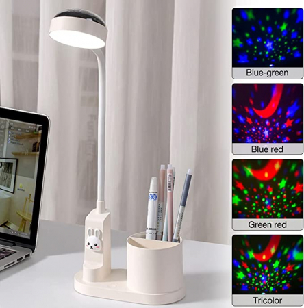 Lampa de birou pentru copii LED 2000 mAh, portabila si USB reincarcabila, cu suport instrumente birou si cu proiector, (alb/roz) [2]