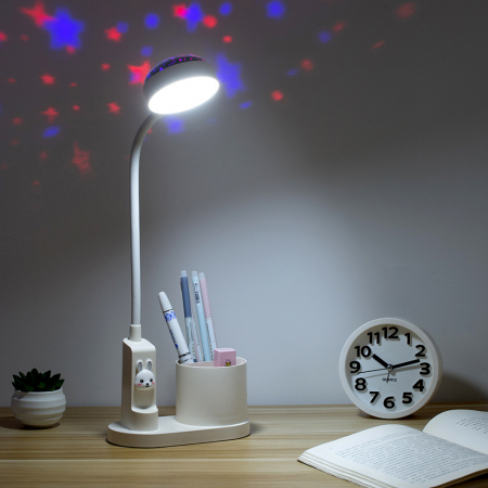 Lampa de birou pentru copii LED 2000 mAh, portabila si USB reincarcabila, cu suport instrumente birou si cu proiector, (alb/roz) [8]