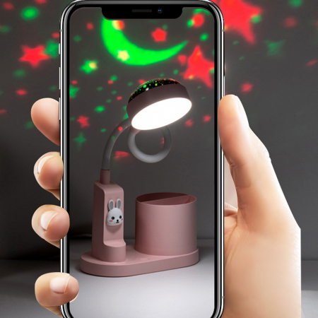 Lampa de birou pentru copii LED 2000 mAh, portabila si USB reincarcabila, cu suport instrumente birou si cu proiector, (alb/roz) [6]