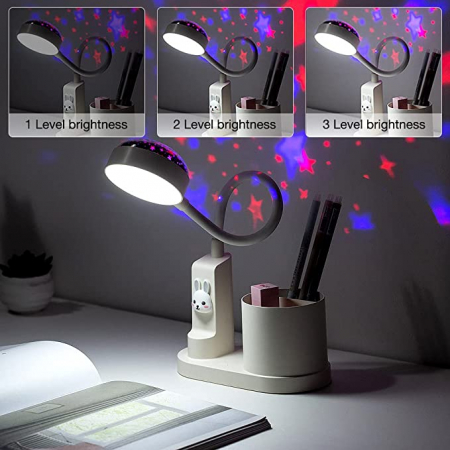 Lampa de birou pentru copii LED 2000 mAh, portabila si USB reincarcabila, cu suport instrumente birou si cu proiector, (alb/roz) [11]