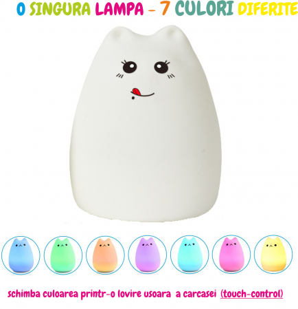 Lampa de veghe portabila cu 7 culori de LEDuri, silicon BPA-free, reincarcabila USB, touch-control, lampa de noapte Pisica Zambareata [1]
