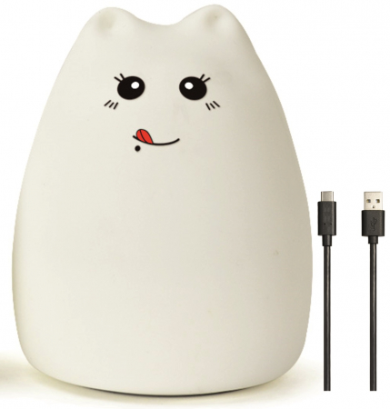 Lampi de veghe - Lampa de veghe portabila cu 7 culori de LEDuri, silicon BPA-free, reincarcabila USB, touch-control, lampa de noapte Pisica Zambareata