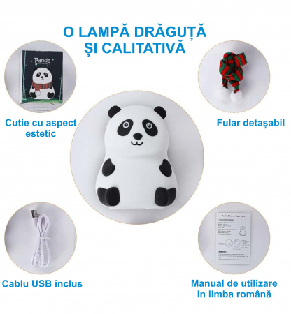 Lampa de veghe portabila cu 7 culori de LEDuri, silicon BPA-free, reincarcabila USB, sensor tactil touch-control, lampa de noapte Ursuletul Panda [2]