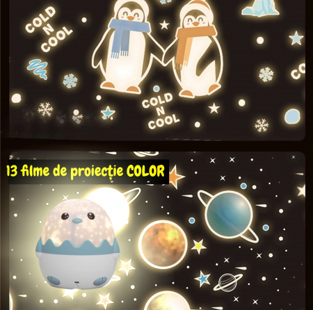 Lampa muzicala pentru copii cu proiector si cu telecomanda si Bluetooth, portabila cu LEDuri multicolore, telecomanda, USB, Pinguin (albastru/roz) [5]