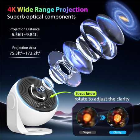 Lampa proiector Cosmic HD, lampa de veghe copii, rotativa 360°, focus reglabil, temporizator, proiector stele copii cu 12 discuri proiectie cosmice [4]