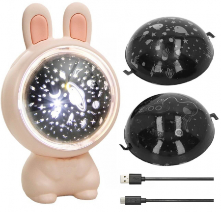 BACK TO SCHOOL - Lampa proiector portabila pentru copii, cu LED si melodii, Ideas4Comfort, 3 culori lumina reglabila, 3 filme de proiectie, reincarcabila USB, Iepuras, roz