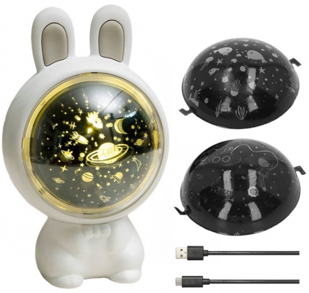BACK TO SCHOOL - Lampa proiector portabila pentru copii, cu LED si melodii, Ideas4Comfort, 3 culori lumina reglabila, 3 filme de proiectie, reincarcabila USB, Iepuras, roz