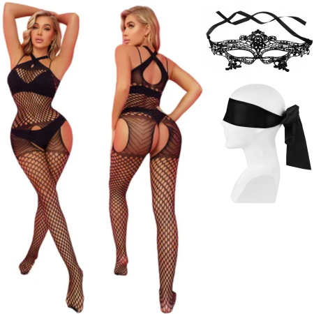 Erotica - Lenjerie erotica costum sexy din plasa elastica cu romburi largi, poliamida, marime universala, cu masca dantelata si panglica satinata de ochi incluse