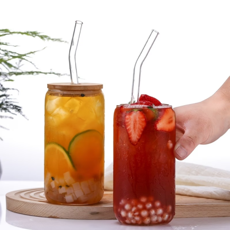 Pahar sticla 500 ml cu capac bambus, pai si suport pluta [7]
