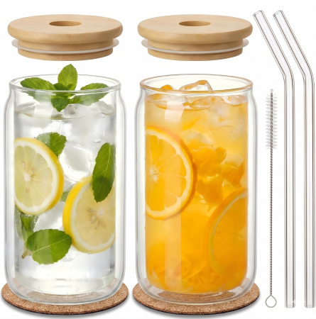 Toate produsele - Pahar cu perete dublu 500 ml, capac bambus, 2 paie sticla
