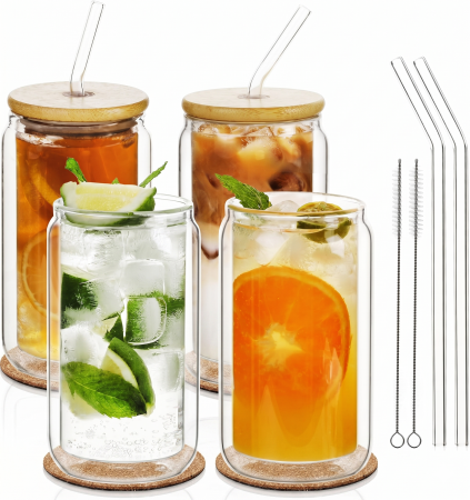 Toate produsele - Pahar cu perete dublu 500 ml, capac bambus, 2 paie sticla