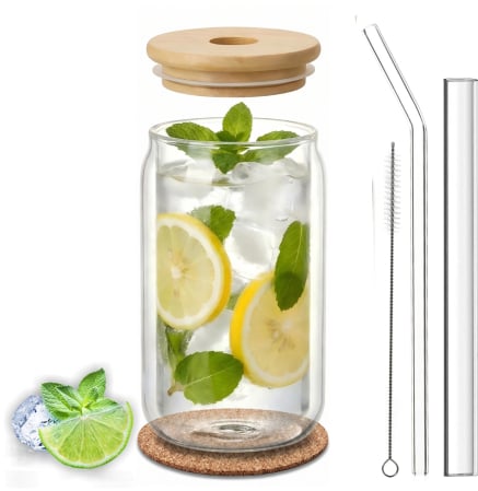 Toate produsele - Pahar cu perete dublu 500 ml, capac bambus, 2 paie sticla