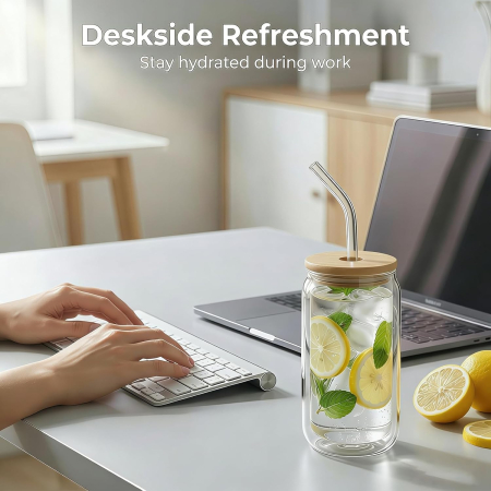 Pahar cu perete dublu 500 ml, capac bambus, 2 paie sticla [4]