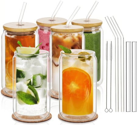 Toate produsele - Pahar cu perete dublu 500 ml, capac bambus, 2 paie sticla