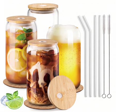Pahar sticla 500 ml cu capac bambus, pai si suport pluta [2]