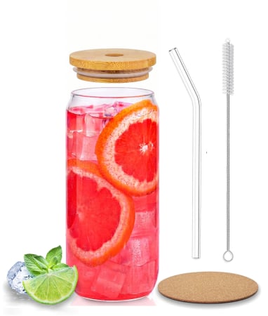 Toate produsele - Pahar sticla 500 ml cu capac bambus, pai si suport pluta