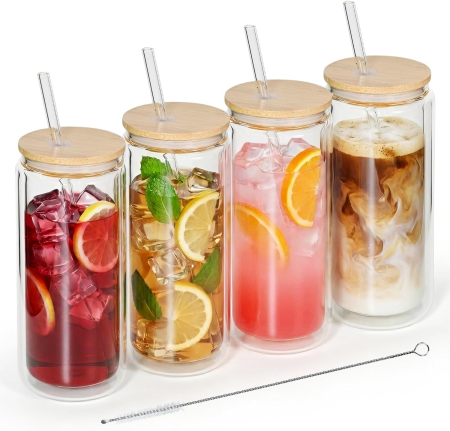 Pahar cu perete dublu 500 ml, capac bambus, 2 paie sticla [5]