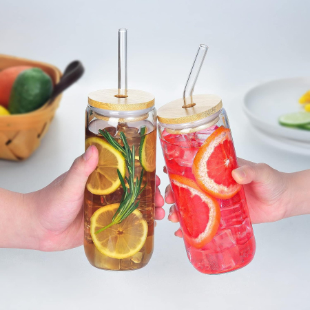 Pahar sticla 500 ml cu capac bambus, pai si suport pluta [10]