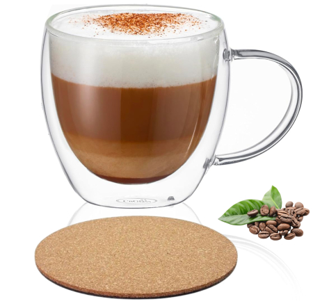 Accesorii bucatarie - Pahar cu perete dublu cu maner 150 ml, din sticla borosilicata premium termorezistenta, design modern, cana transparent cafea, cappuccino, ceai, suport din pluta inclus, transparent