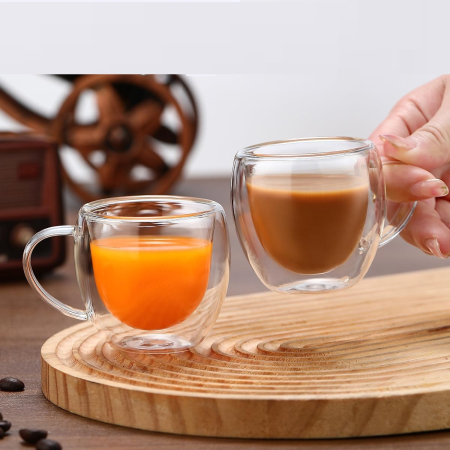 Pahar cu perete dublu cu maner 150 ml, din sticla borosilicata premium termorezistenta, design modern, cana transparent cafea, cappuccino, ceai, suport din pluta inclus, transparent [9]
