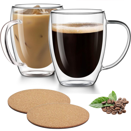 Accesorii bucatarie - Pahar cu perete dublu cu maner 150 ml, din sticla borosilicata premium termorezistenta, design modern, cana transparent cafea, cappuccino, ceai, suport din pluta inclus, transparent